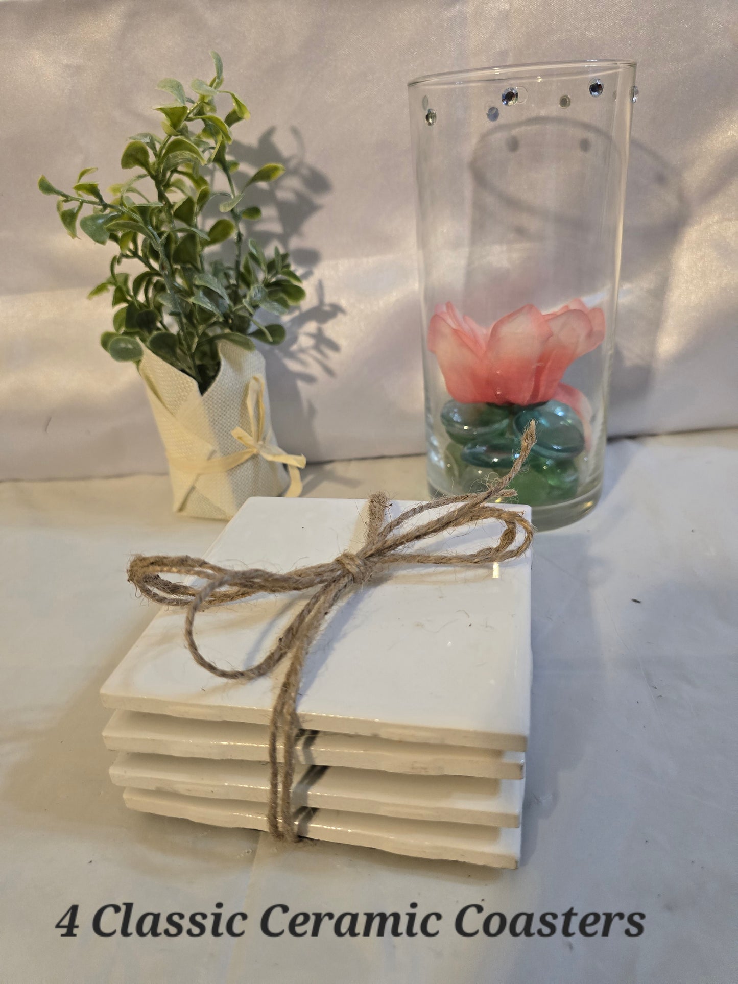 4 Classic Ceramic Coasters (used for glasses, vases or flatware).