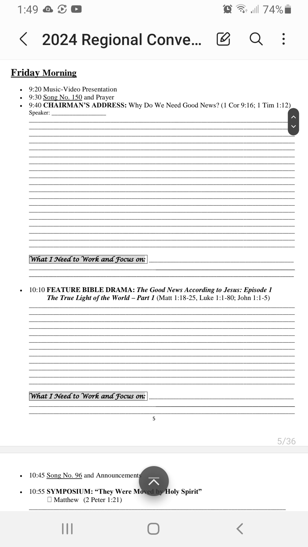 FREE PRINTABLE 2024 Regional Convention of Jehovah's Witnesses NOTETAKER